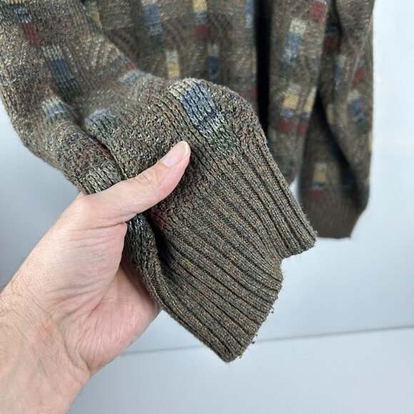 Vtg Geoffrey Beene Men Classic Abstract Acrylic Grandpa Sweater Brown L Checked - Picture 6 of 9